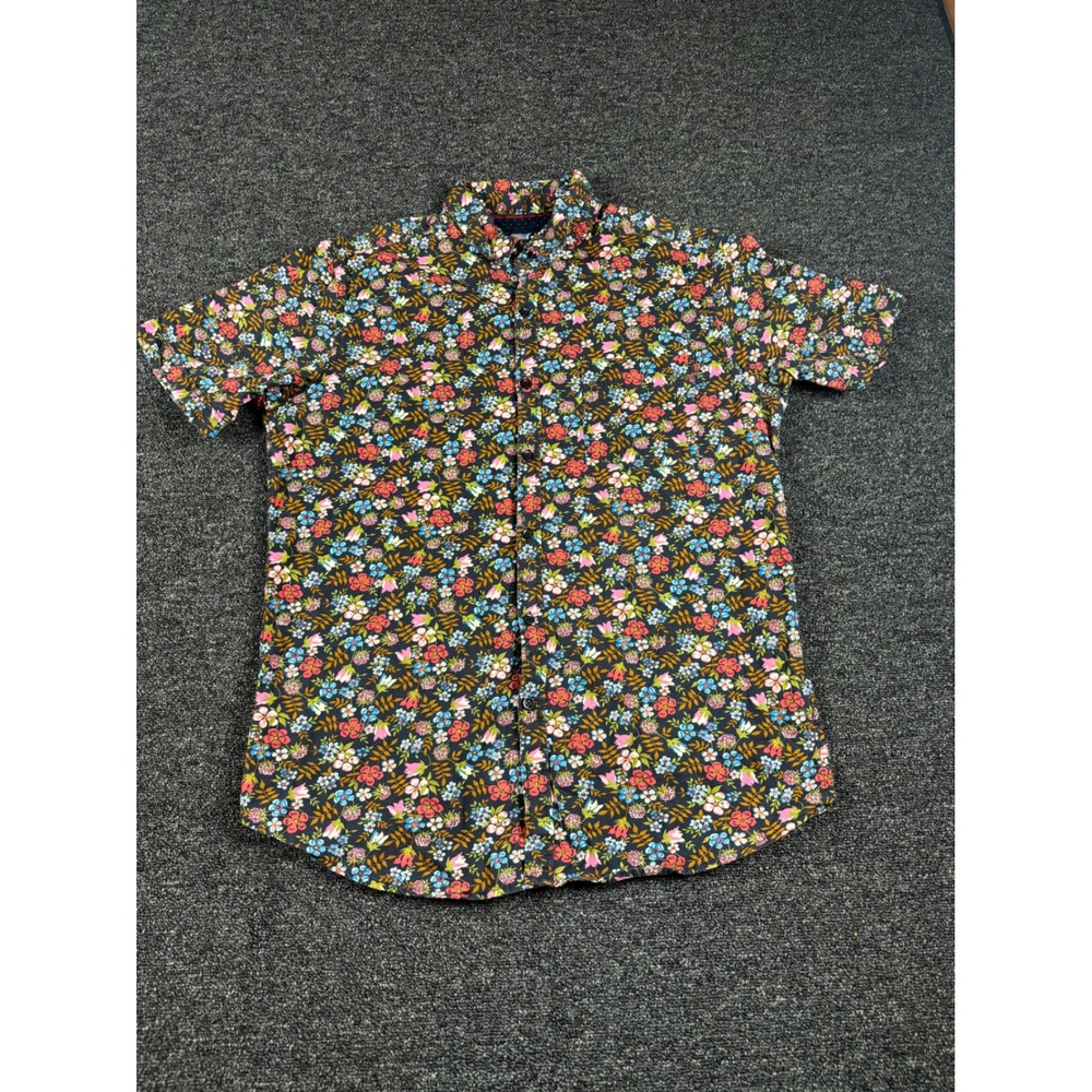 Monument Mens Large Floral Button Down Shirt Navy‎ Blue Short Sleeve Cotton L